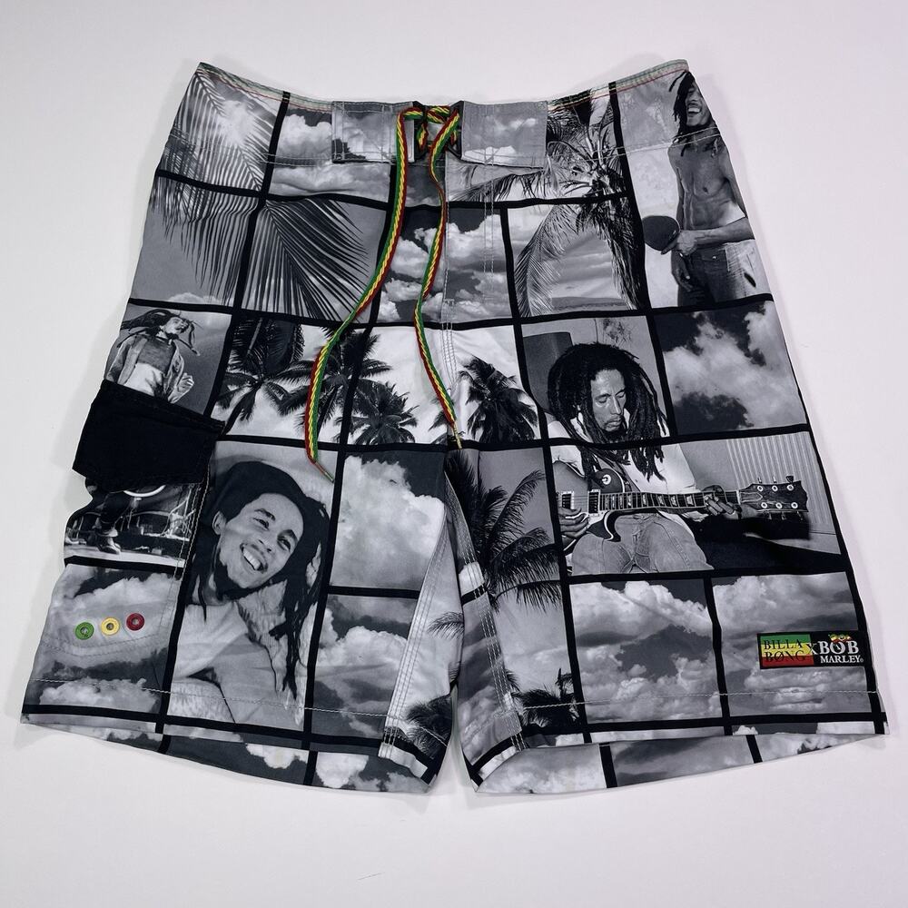Billabong Board Shorts Mens 33 Gray Bob Marley Photo Surf Swim Trunks Beach 10”
